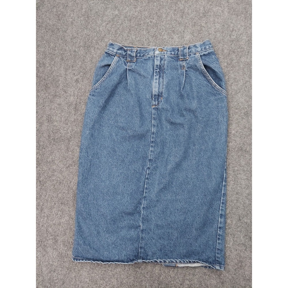 VTG Backroad Blues Denim Skirt Womens 16 Blue Midi Pencil Jean Slit 30x30 Pleats